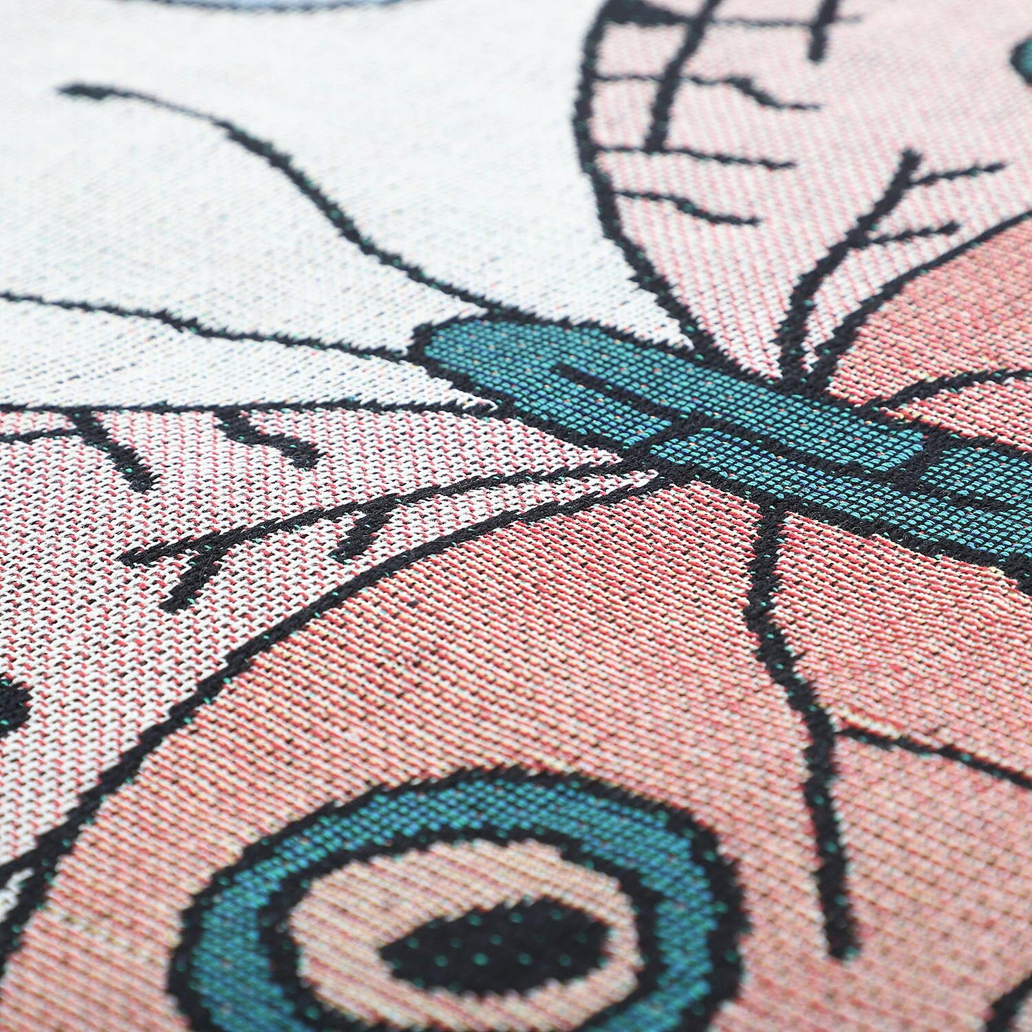 100% Cotton Jacquard Woven Butterfly Print Throw Blanket with Fringes Off White and Multi