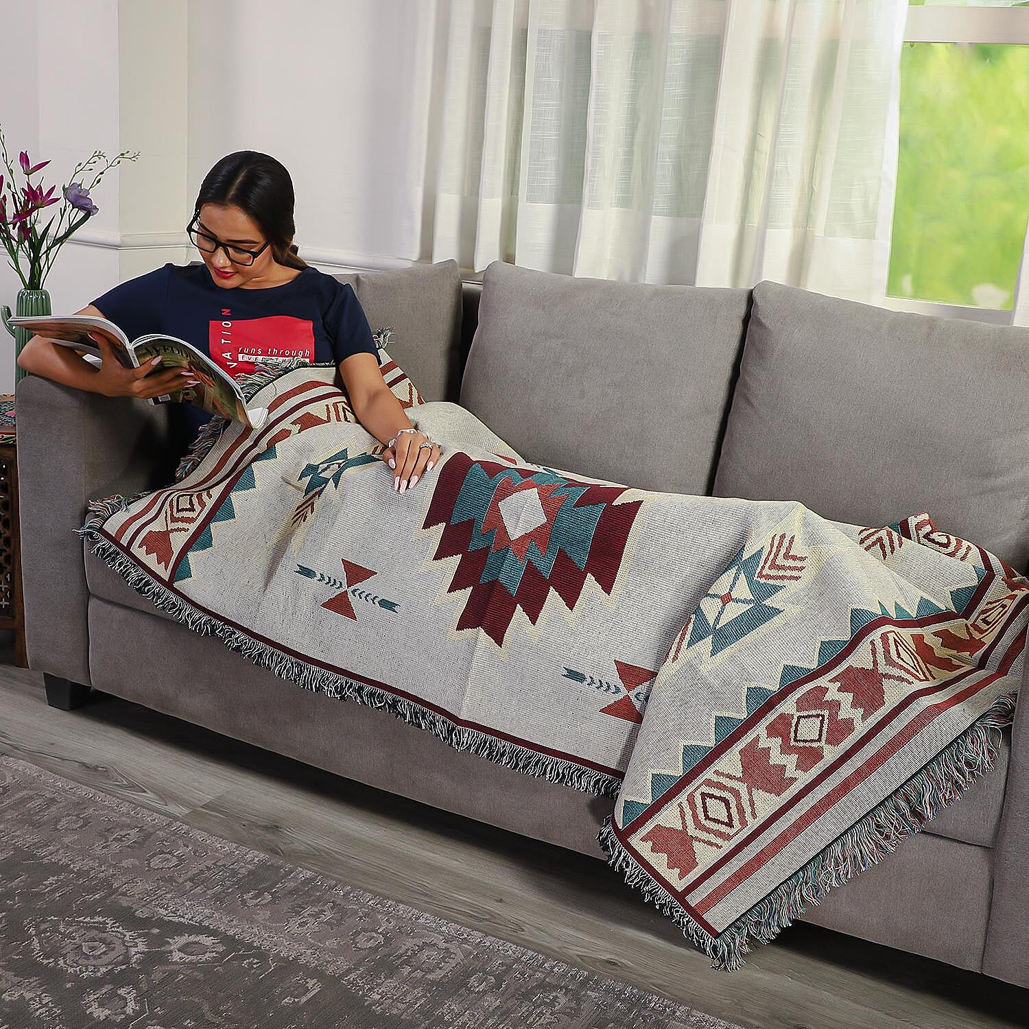 100% Cotton JACQUARD WOVEN Floral Print Throw with Fringes (Size - 150X125 Cm) - Beige & Multi