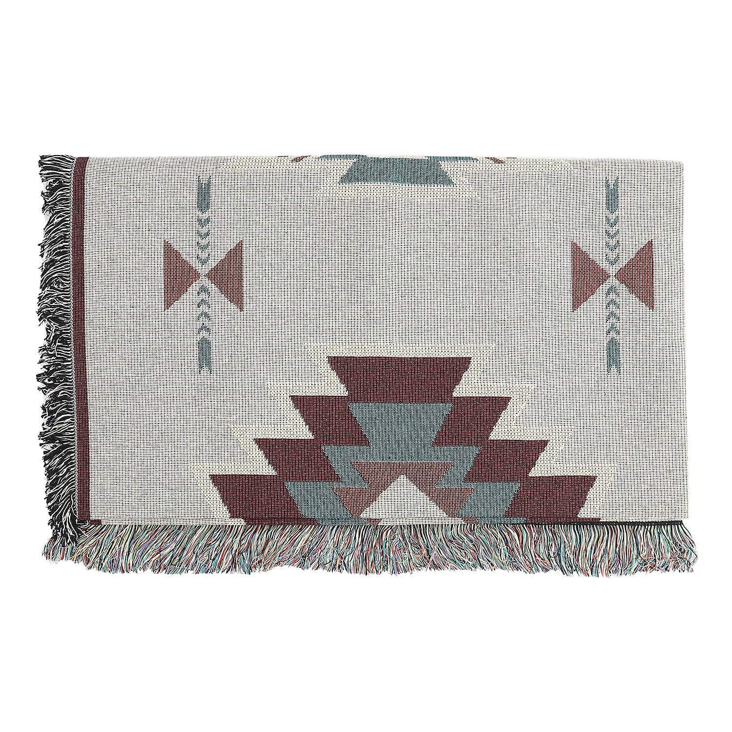 100% Cotton JACQUARD WOVEN Floral Print Throw with Fringes (Size - 150X125 Cm) - Beige & Multi