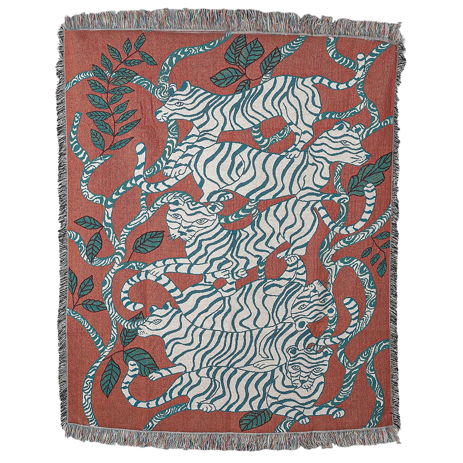 100% Cotton Jacquard Woven Animals Print Throw with Fringes (Size - 150X125 Cm) - Red & Blue