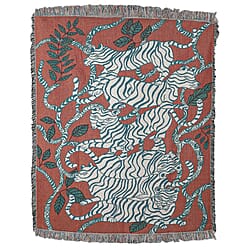 100% Cotton JACQUARD WOVEN Animals Print Throw with Fringes (Size - 150X125 Cm) - Red & Blue