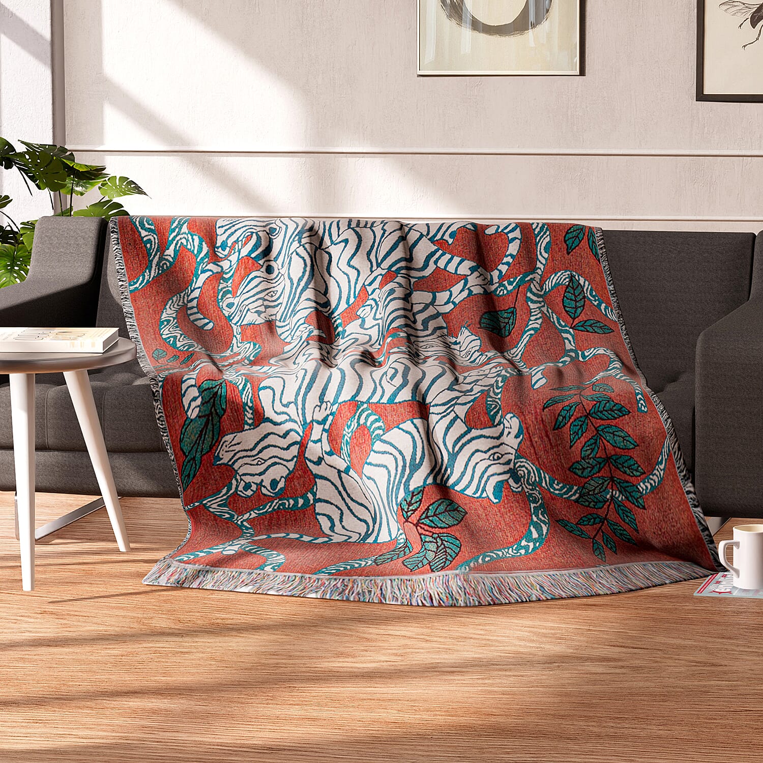100% Cotton Jacquard Woven Animals Print Throw with Fringes (Size - 150X125 Cm) - Red & Blue
