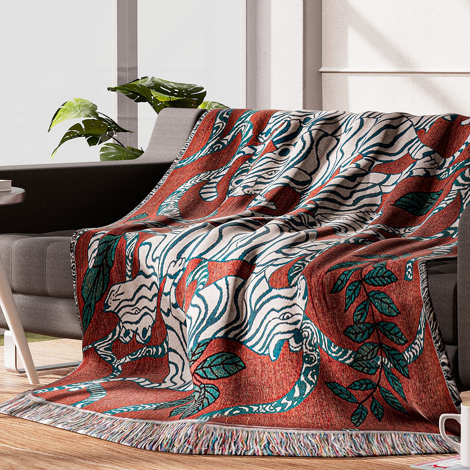 100% Cotton Jacquard Woven Animals Print Throw with Fringes (Size - 150X125 Cm) - Red & Blue