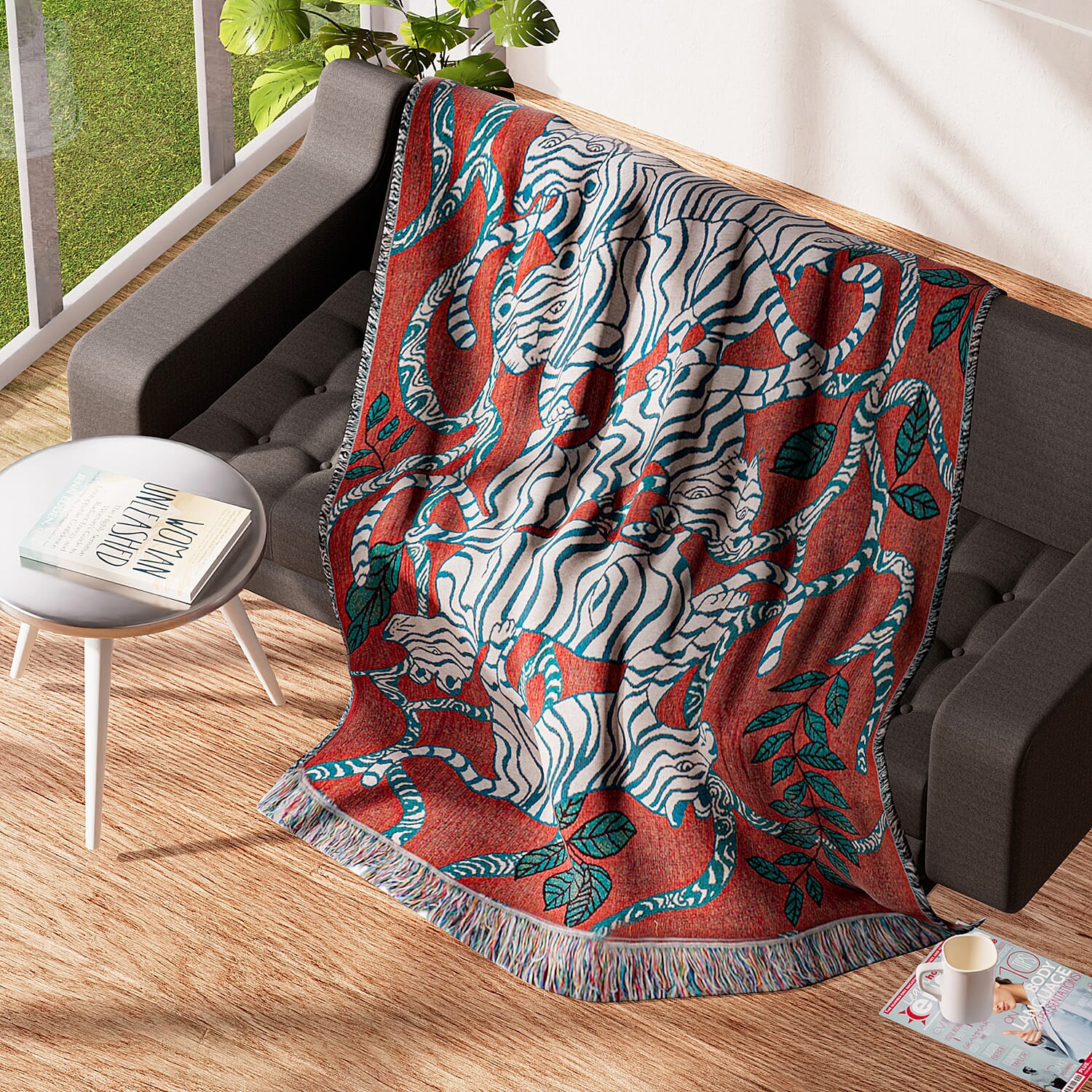 100% Cotton Jacquard Woven Animals Print Throw with Fringes (Size - 150X125 Cm) - Red & Blue