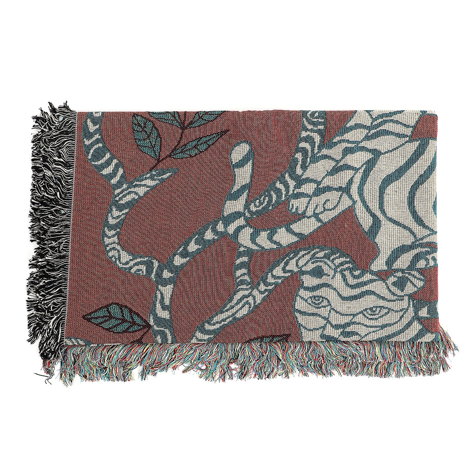 100% Cotton Jacquard Woven Animals Print Throw with Fringes (Size - 150X125 Cm) - Red & Blue