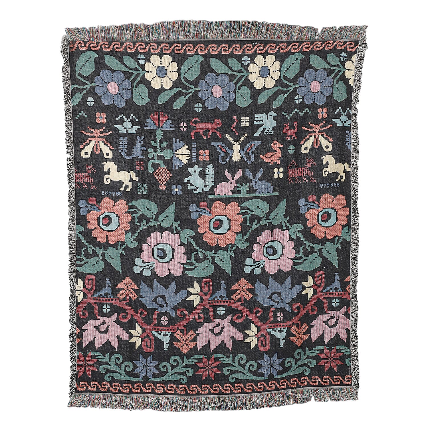 100% Cotton Jacquard Woven Floral Print Throw with Fringes (Size - 150x125 Cm) - Black & Multi