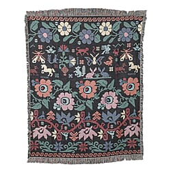100% Cotton JACQUARD WOVEN Floral Print Throw with Fringes (Size - 150X125 Cm) - Black & Multi