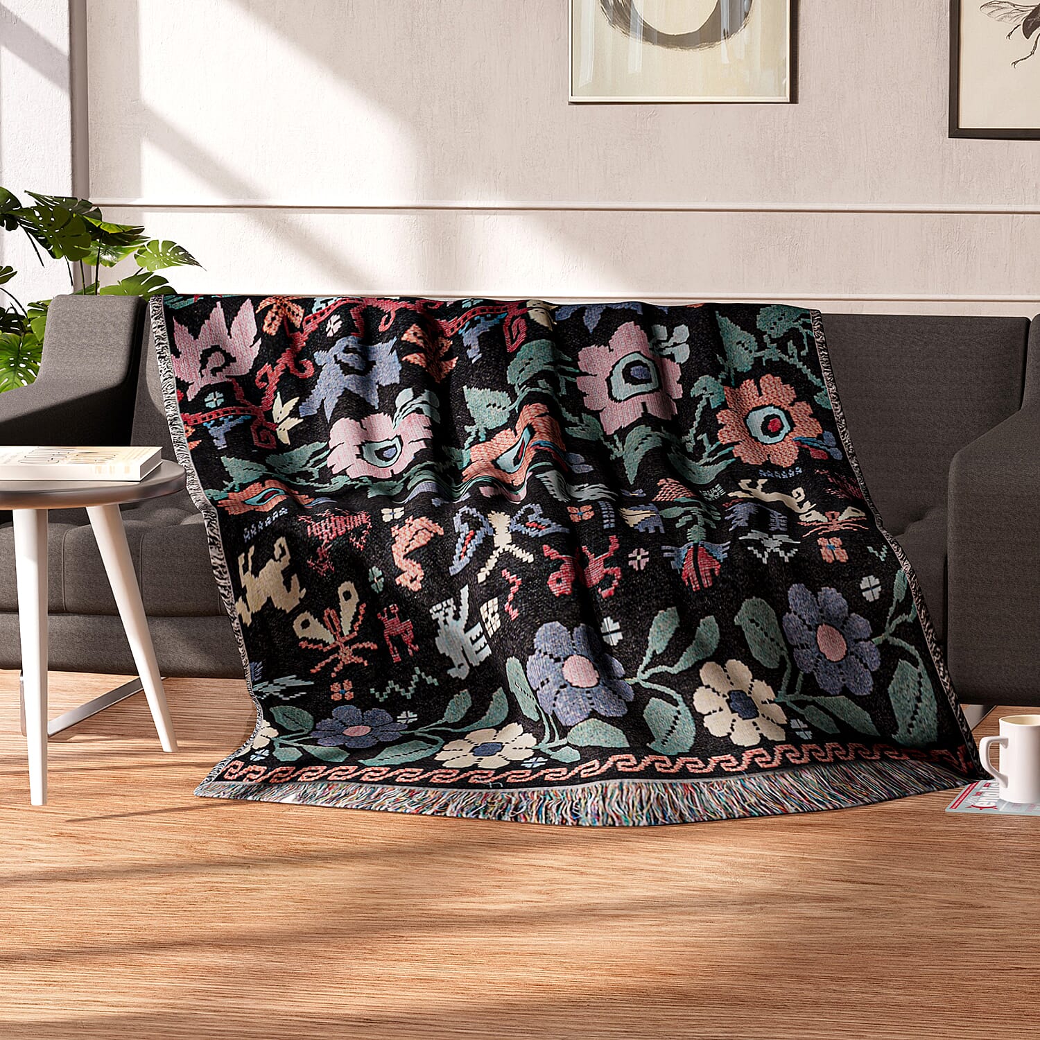 100% Cotton Jacquard Woven Floral Print Throw with Fringes (Size - 150x125 Cm) - Black & Multi