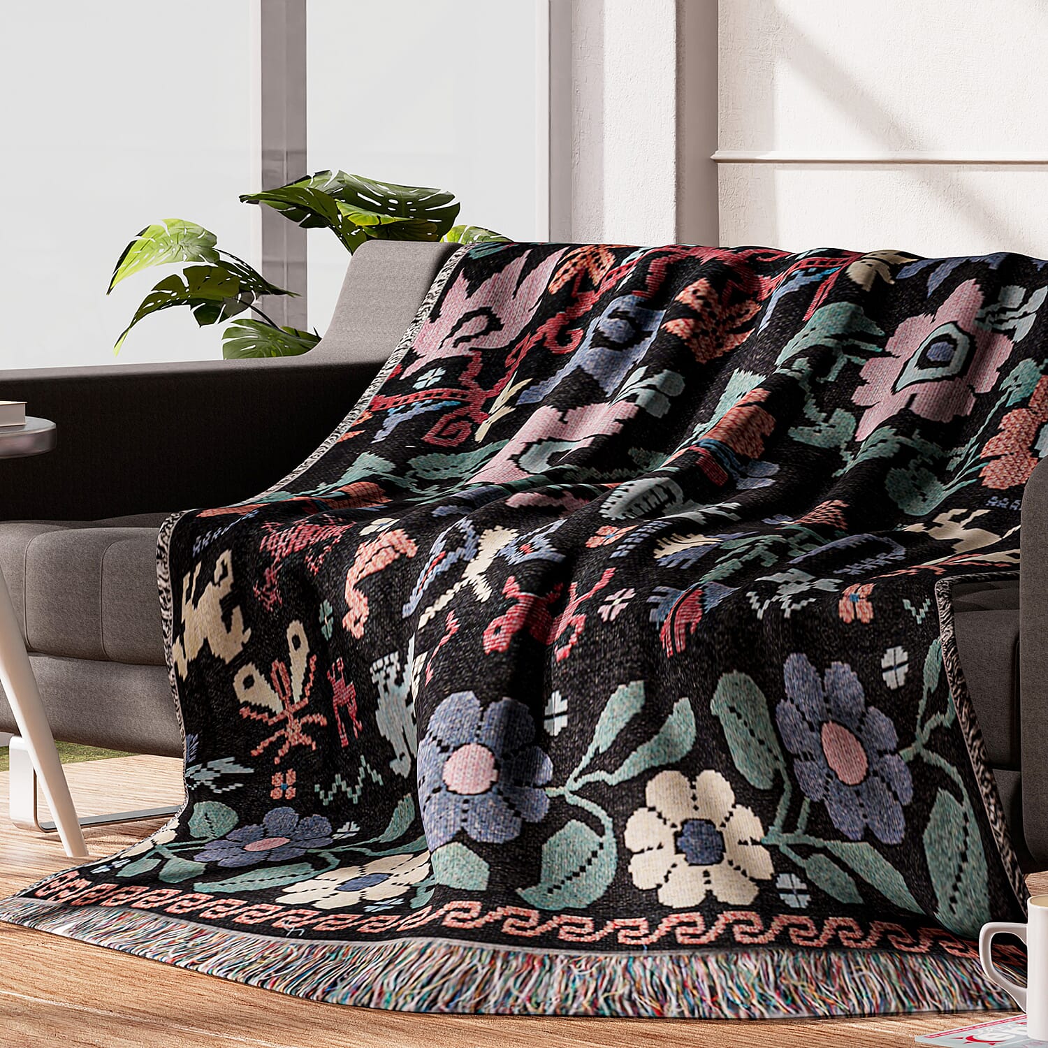 100% Cotton Jacquard Woven Floral Print Throw with Fringes (Size - 150x125 Cm) - Black & Multi