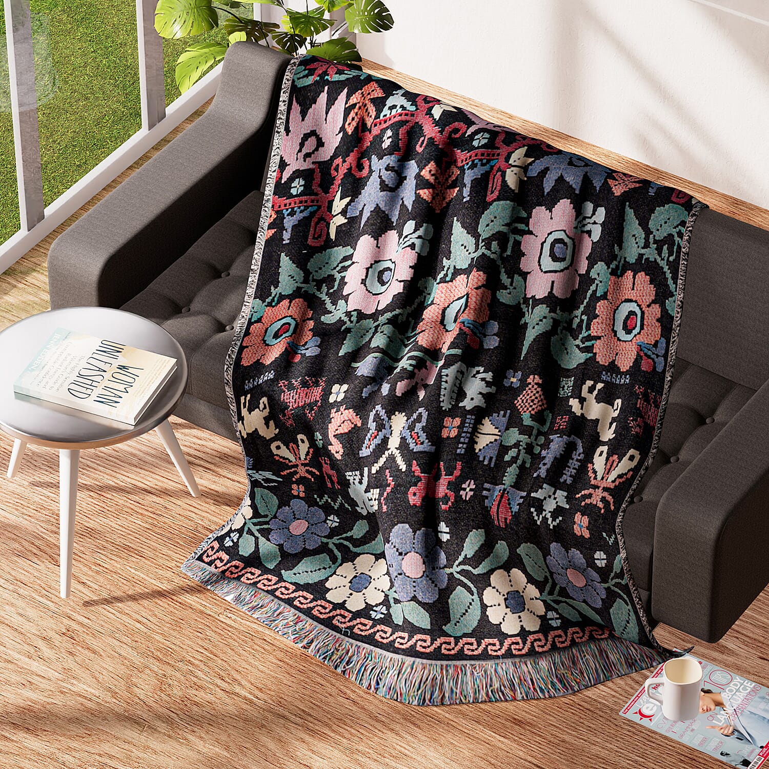100% Cotton Jacquard Woven Floral Print Throw with Fringes (Size - 150x125 Cm) - Black & Multi