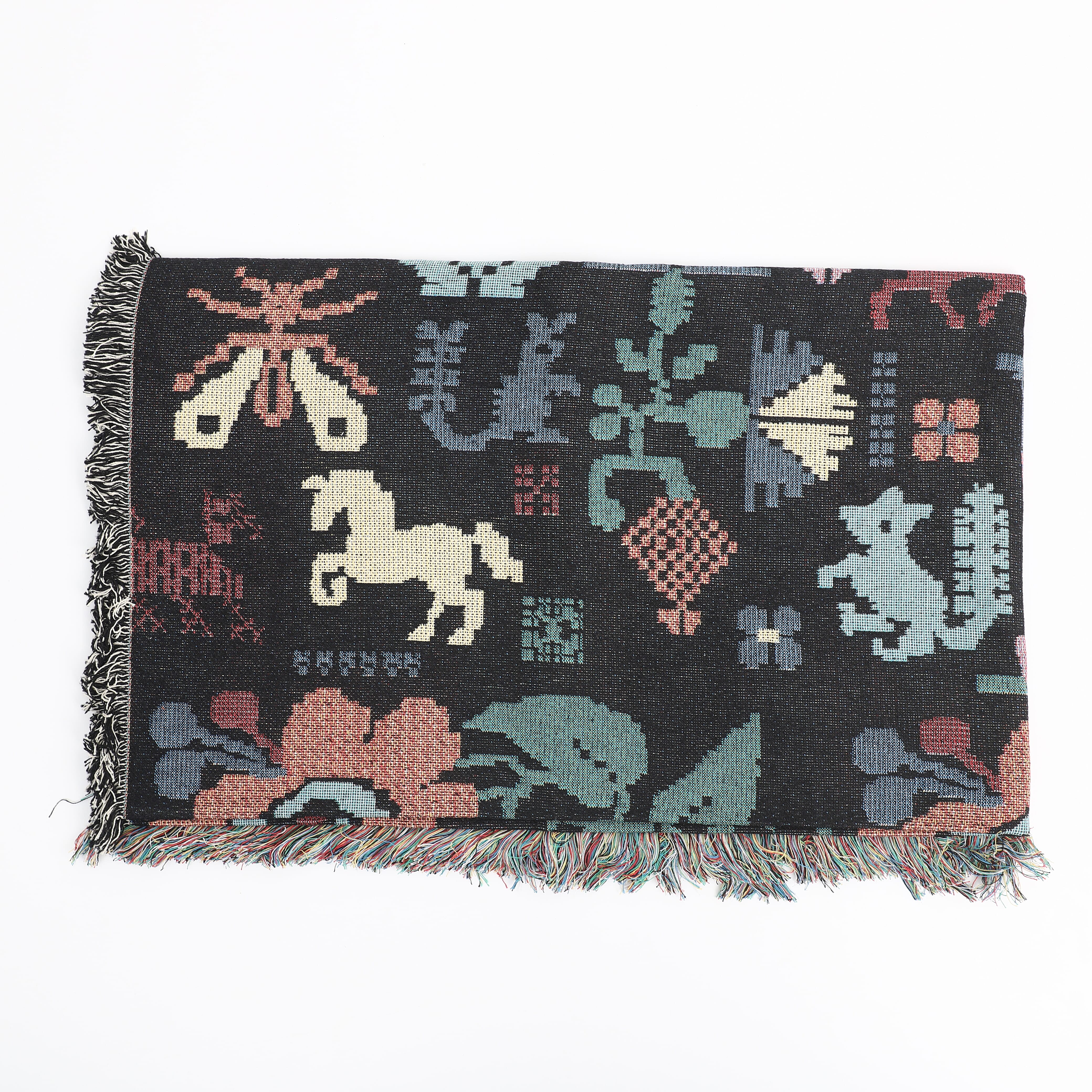 100% Cotton Jacquard Woven Floral Print Throw with Fringes (Size - 150x125 Cm) - Black & Multi