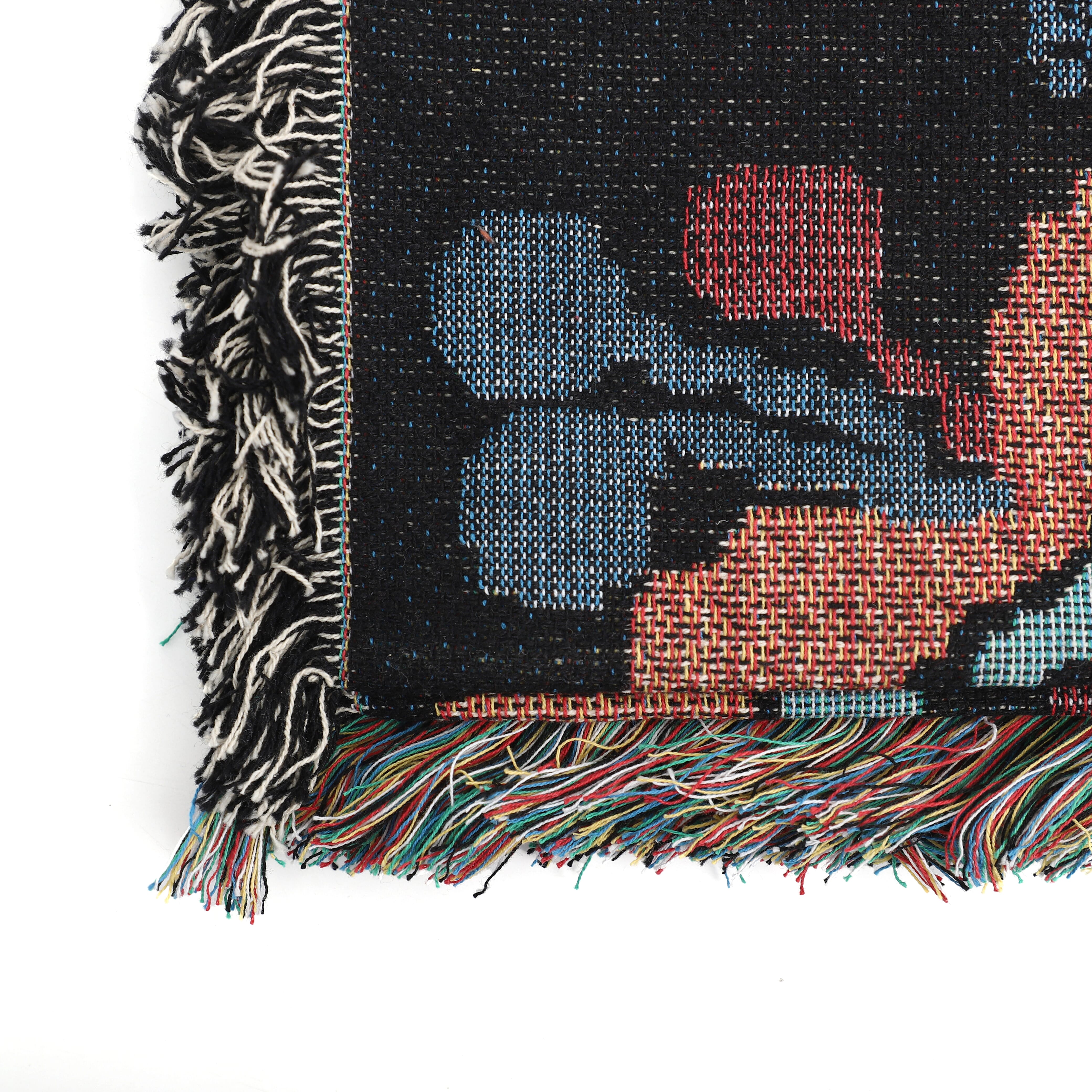 100% Cotton Jacquard Woven Floral Print Throw with Fringes (Size - 150x125 Cm) - Black & Multi