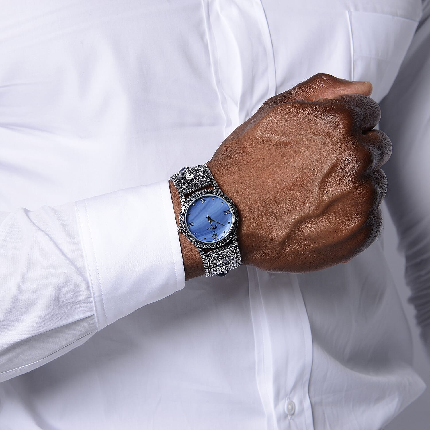 GENOA Japanese Movement Blue MOP Dial Water Resistant Watch with Carved Tiger Eye Pattern and Lapis Beads Strap