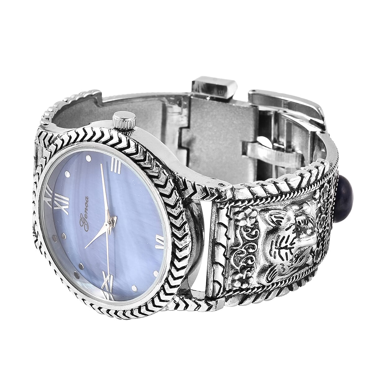 GENOA Japanese Movement Blue MOP Dial Water Resistant Watch with Carved Tiger Eye Pattern and Lapis Beads Strap