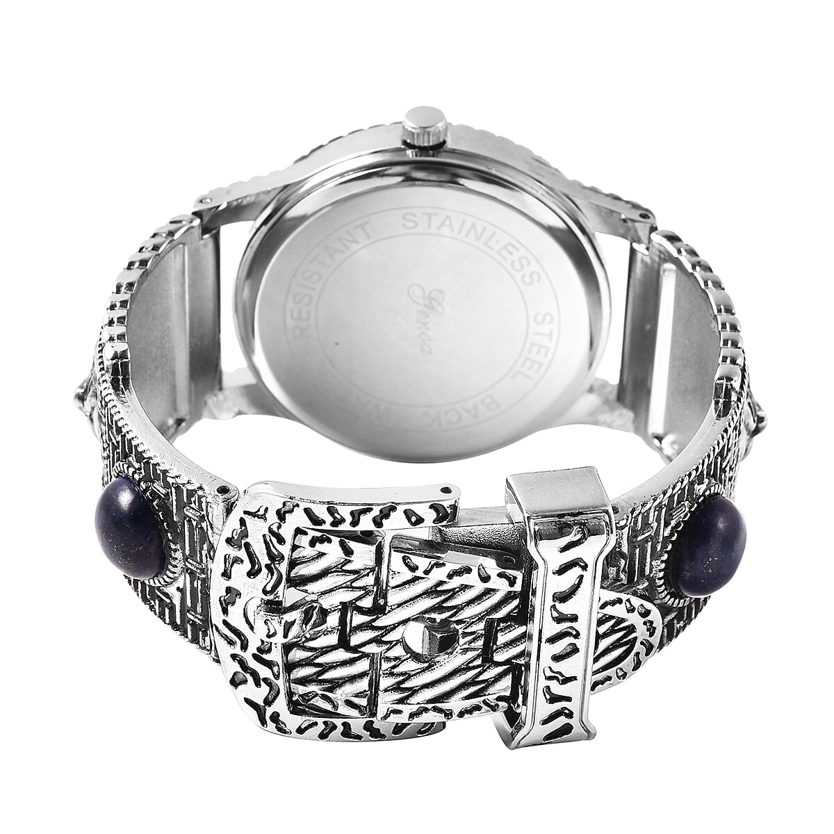 GENOA Japanese Movement Blue MOP Dial Water Resistant Watch with Carved Tiger Eye Pattern and Lapis Beads Strap