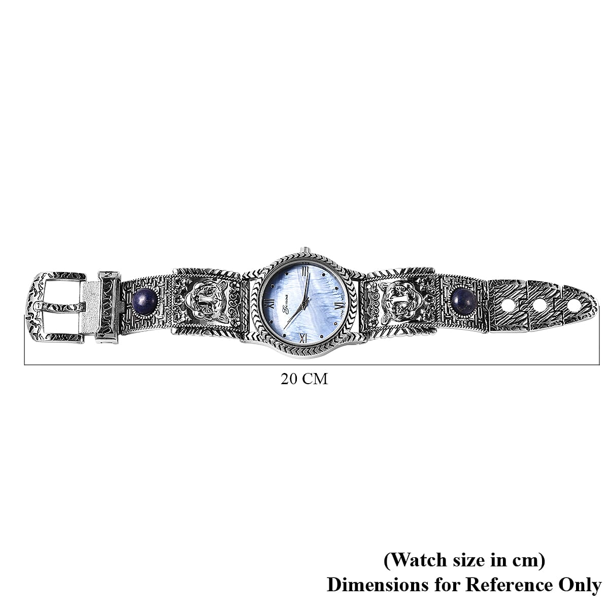 GENOA Japanese Movement Blue MOP Dial Water Resistant Watch with Carved Tiger Eye Pattern and Lapis Beads Strap