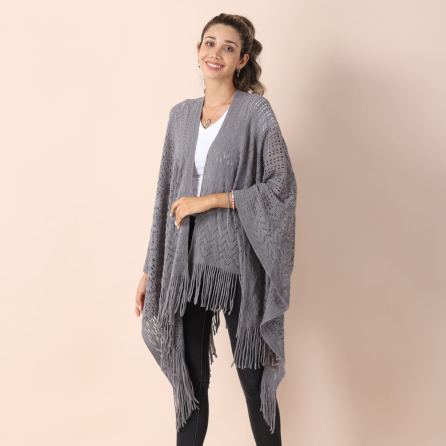 Knitted Kimono with Tassel Detailing Kimono - Gray