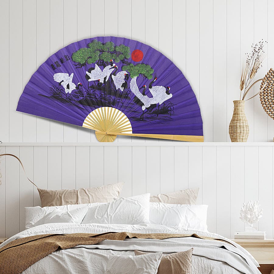 Decorative Purple Bamboo & Cranes Pattern Japanese Style Folding Fan -160 Cm