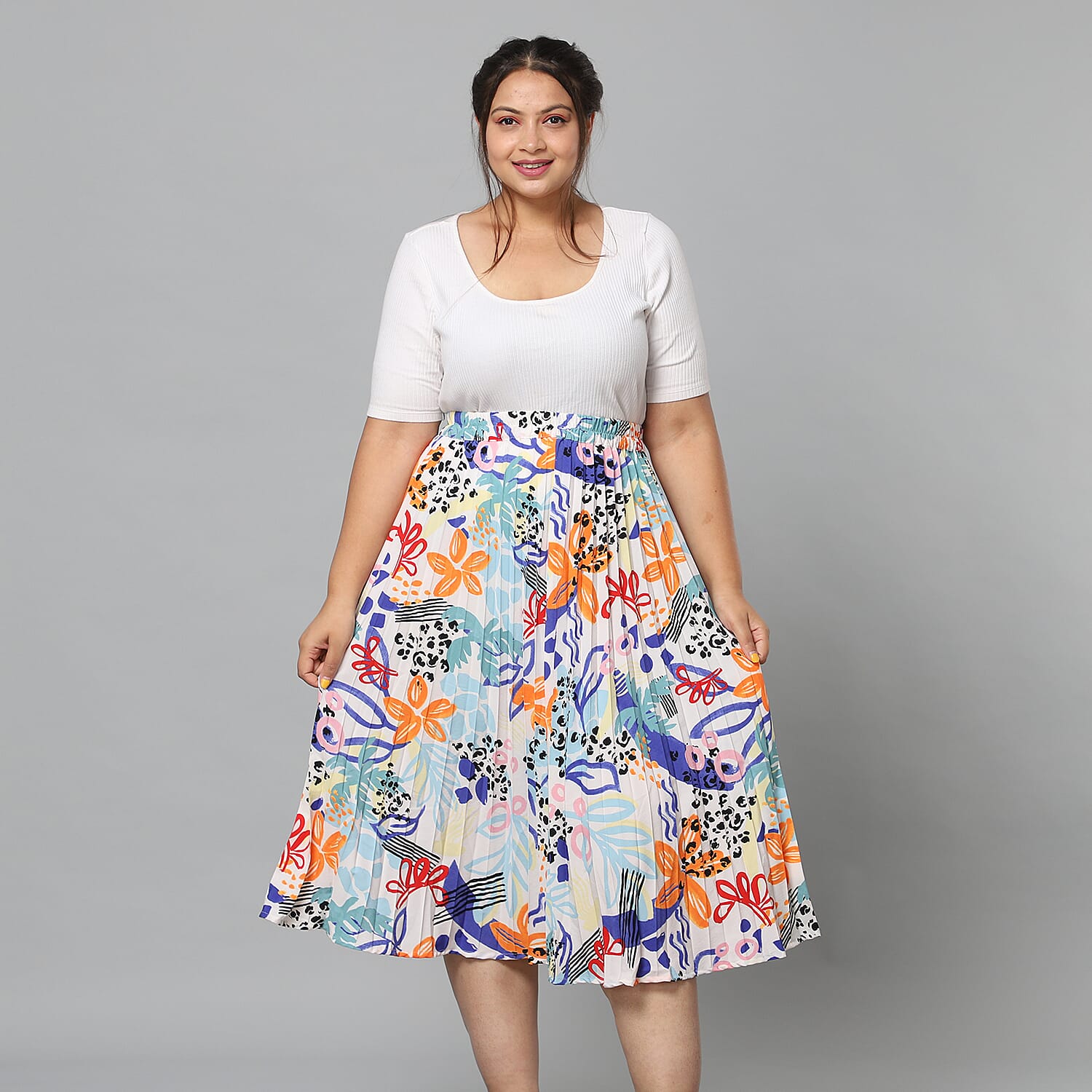 Multi-Colour Pleated Midi Skirt with Elasticated Waist