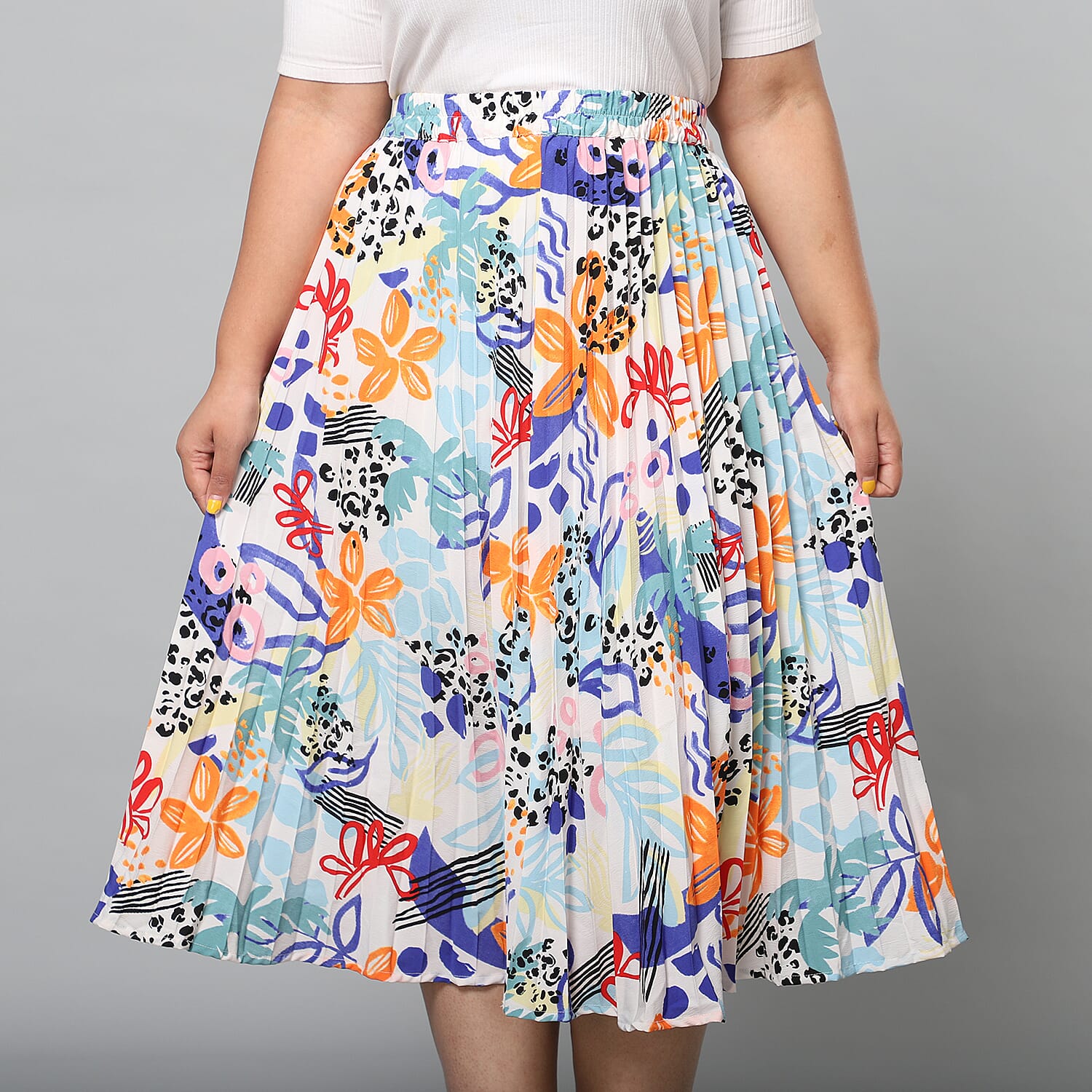 Multi-Colour Pleated Midi Skirt with Elasticated Waist