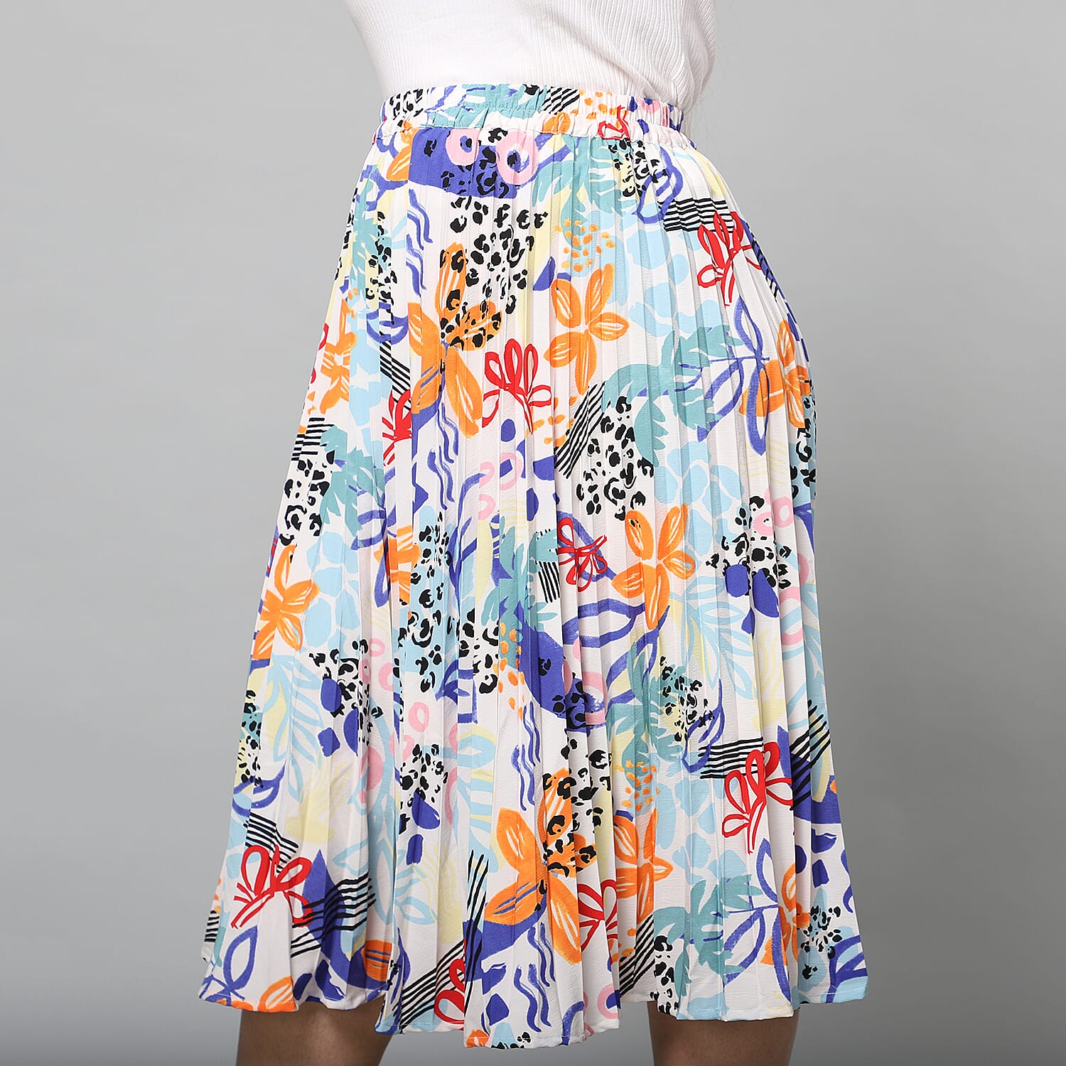 Multi-Colour Pleated Midi Skirt with Elasticated Waist