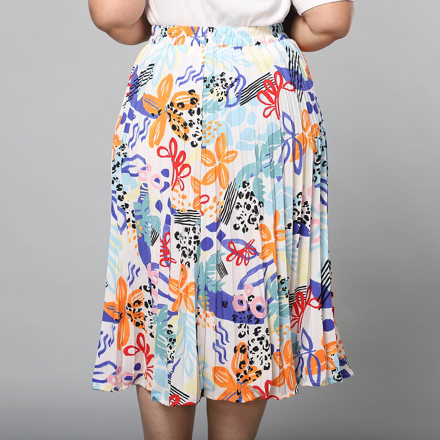 Multi-Colour Pleated Midi Skirt with Elasticated Waist