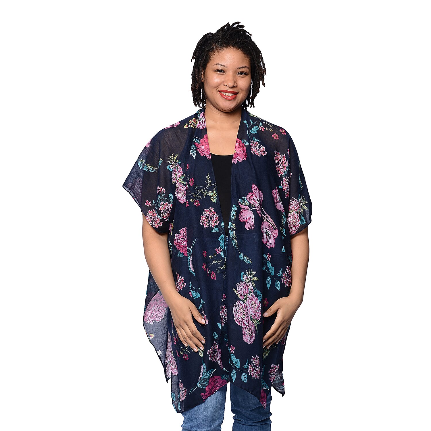 Black Floral Printed Kimono (Size 85x95cm)