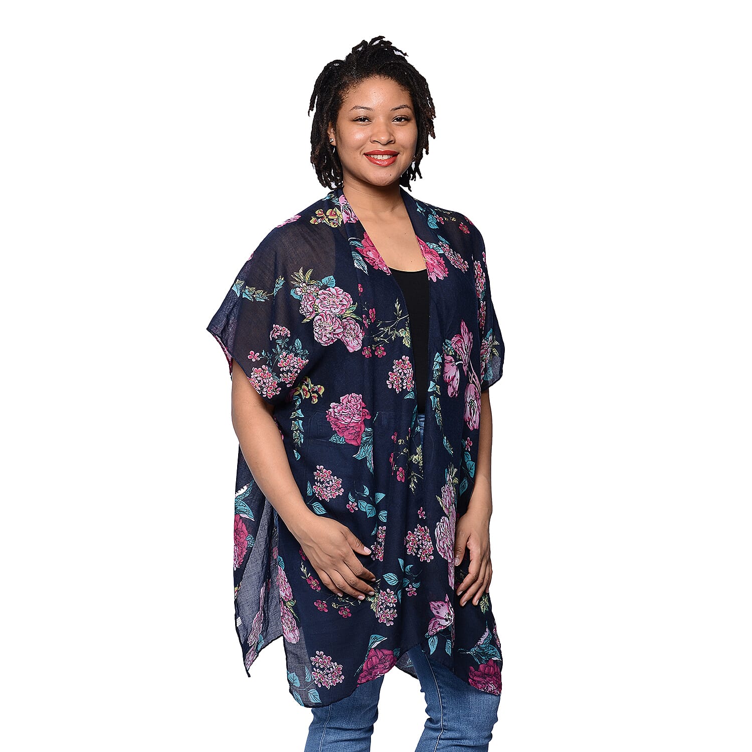 Black Floral Printed Kimono (Size 85x95cm)
