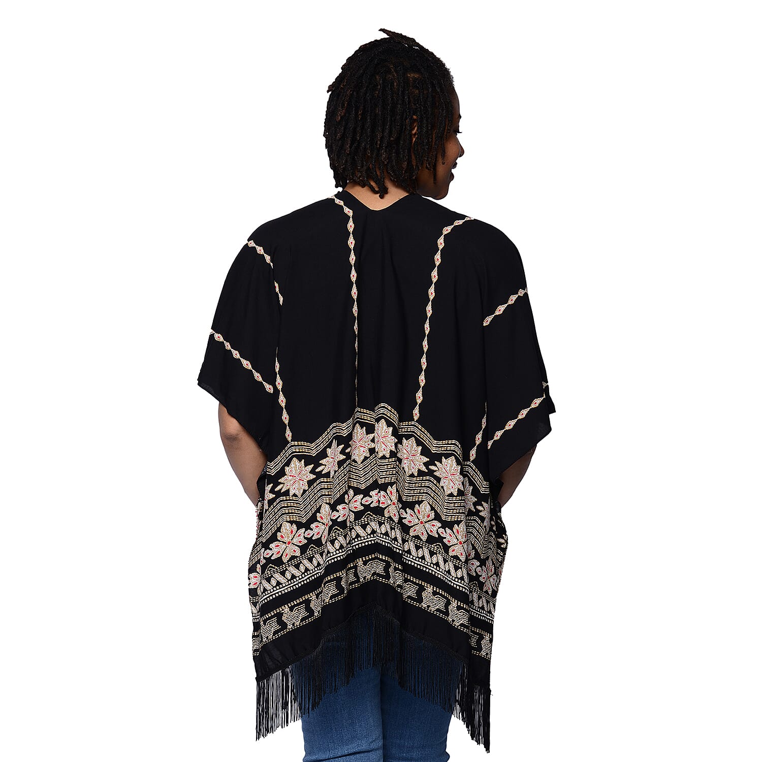 Black Open Front Embroidered Kimono with Tassels (Size 70x95+10cm)