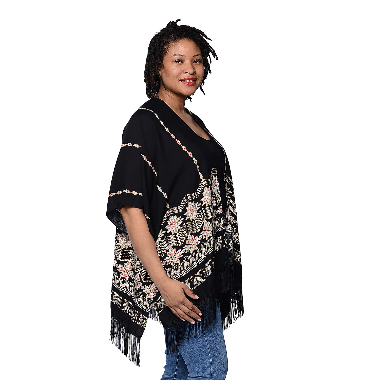 Black Open Front Embroidered Kimono with Tassels (Size 70x95+10cm)