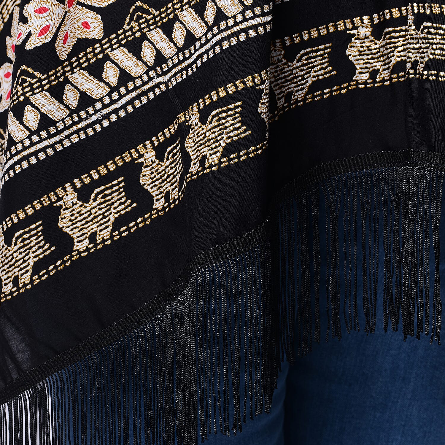 Black Open Front Embroidered Kimono with Tassels (Size 70x95+10cm)