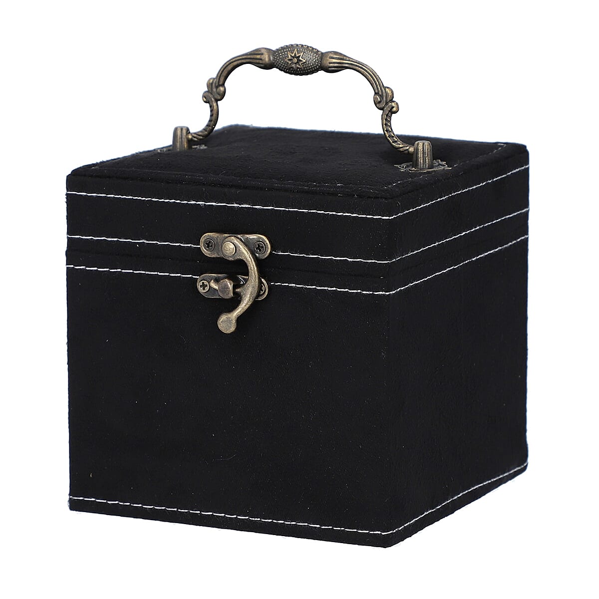 Black Velvet 3 layer jewelry box with mirror vintage style handle and lock