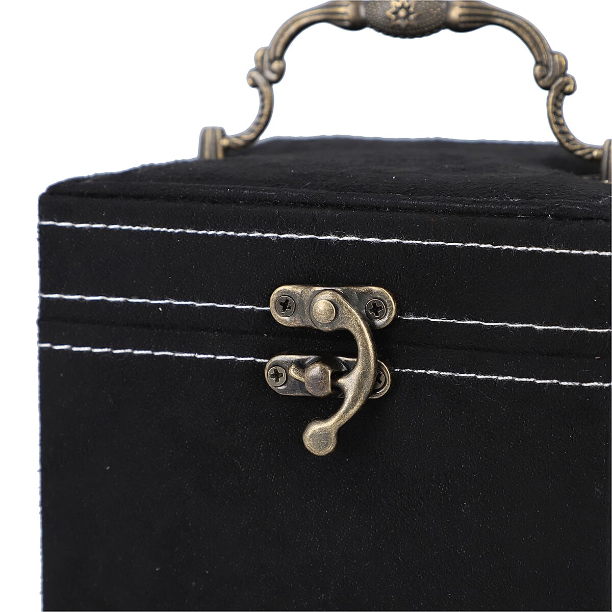 Black Velvet 3 layer jewelry box with mirror vintage style handle and lock