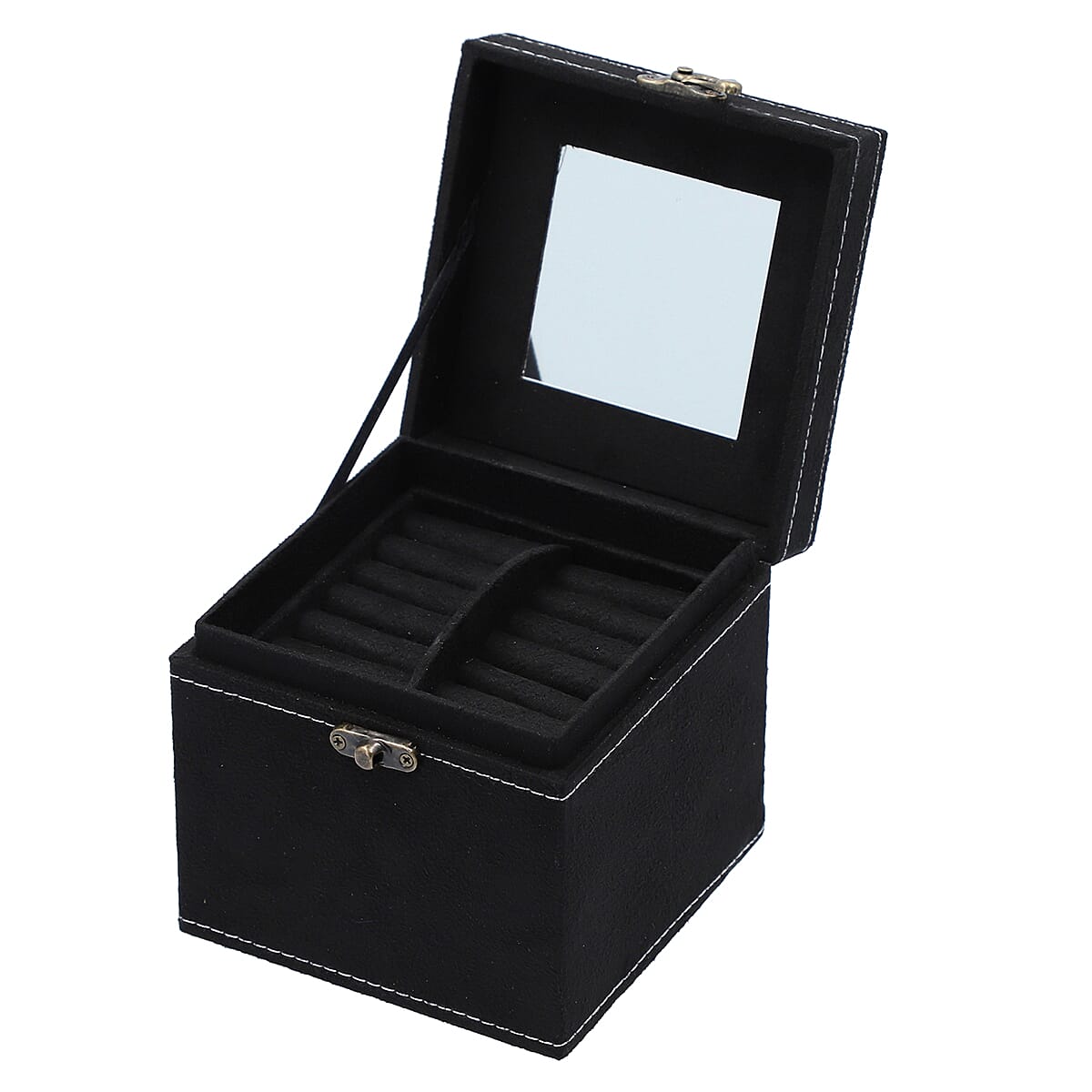 Black Velvet 3 layer jewelry box with mirror vintage style handle and lock