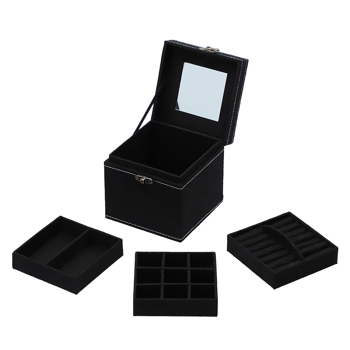 Black Velvet 3 layer jewelry box with mirror vintage style handle and lock