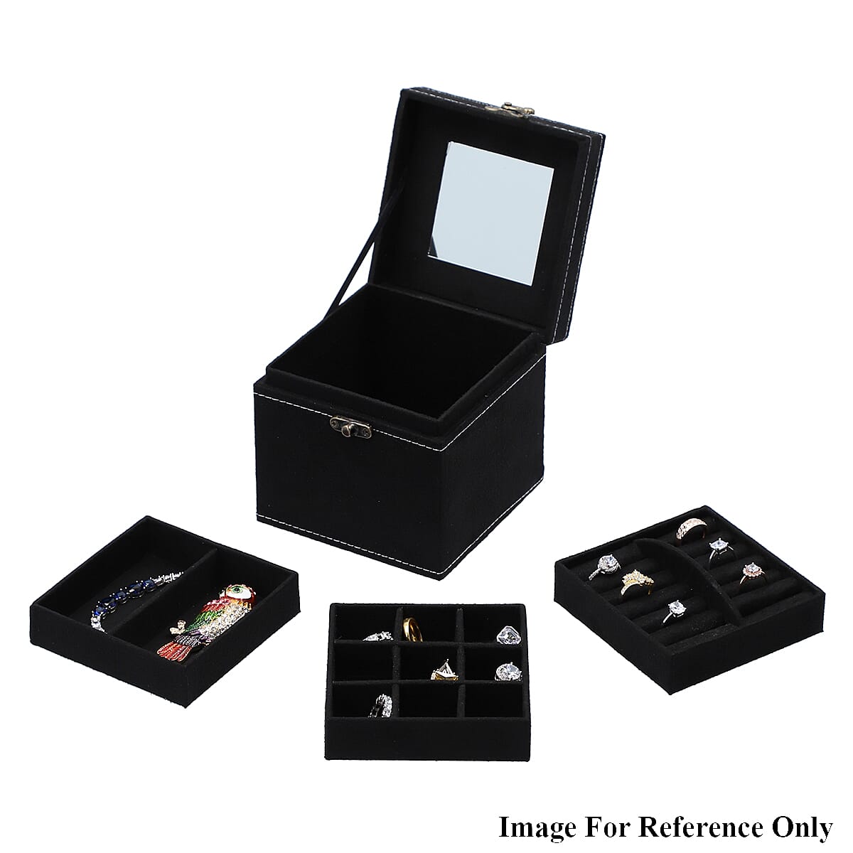 Black Velvet 3 layer jewelry box with mirror vintage style handle and lock