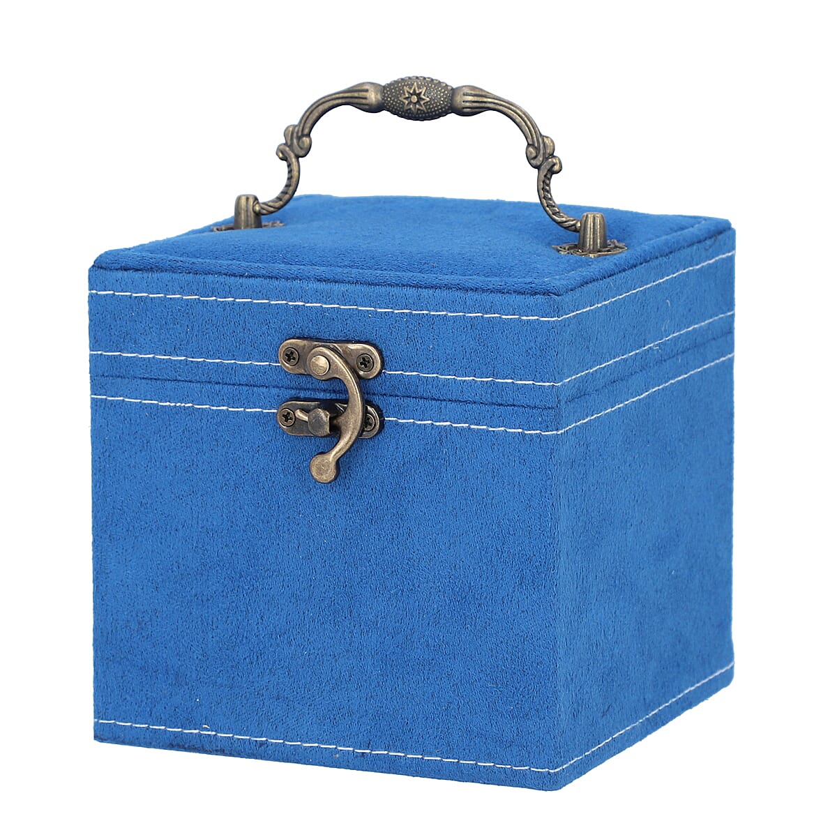 3 Layer Velvet Jewellery Box with Mirror Inside and Lock (Size 12 Cm) - Blue
