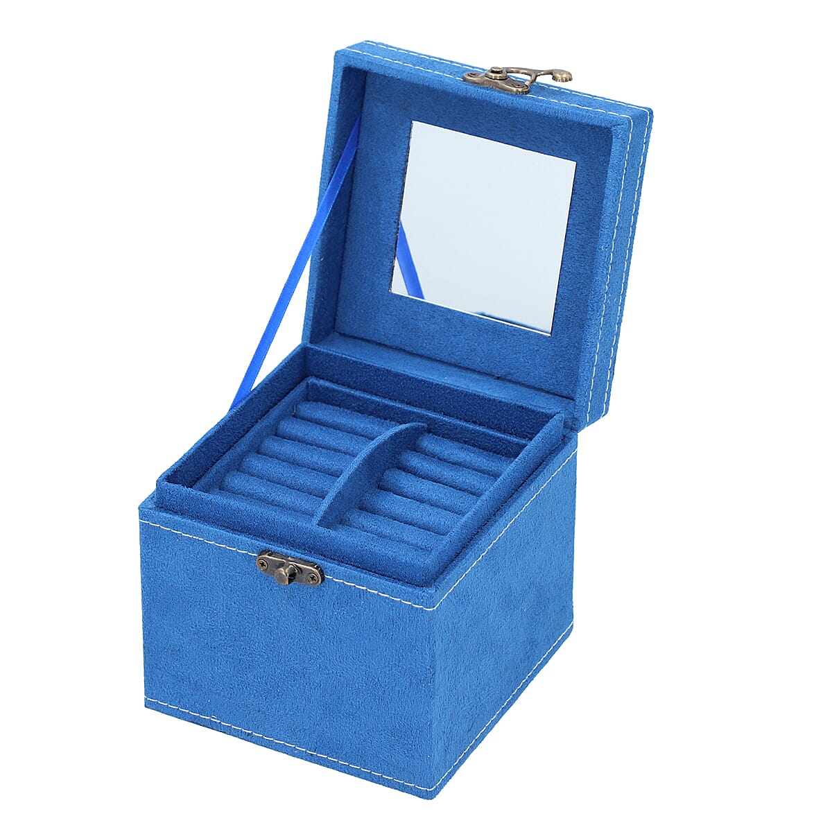 3 Layer Velvet Jewellery Box with Mirror Inside and Lock (Size 12 Cm) - Blue