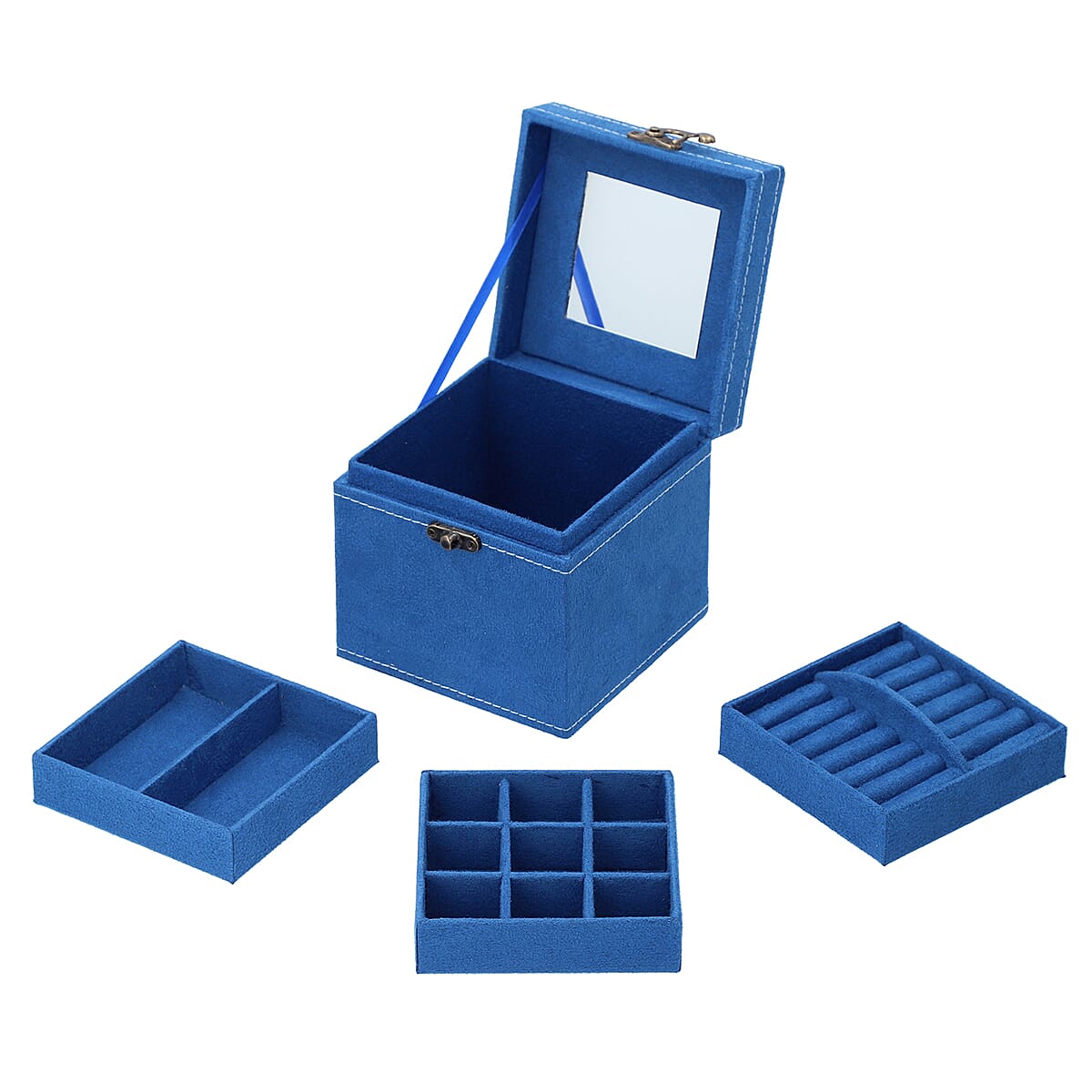 3 Layer Velvet Jewellery Box with Mirror Inside and Lock (Size 12 Cm) - Blue