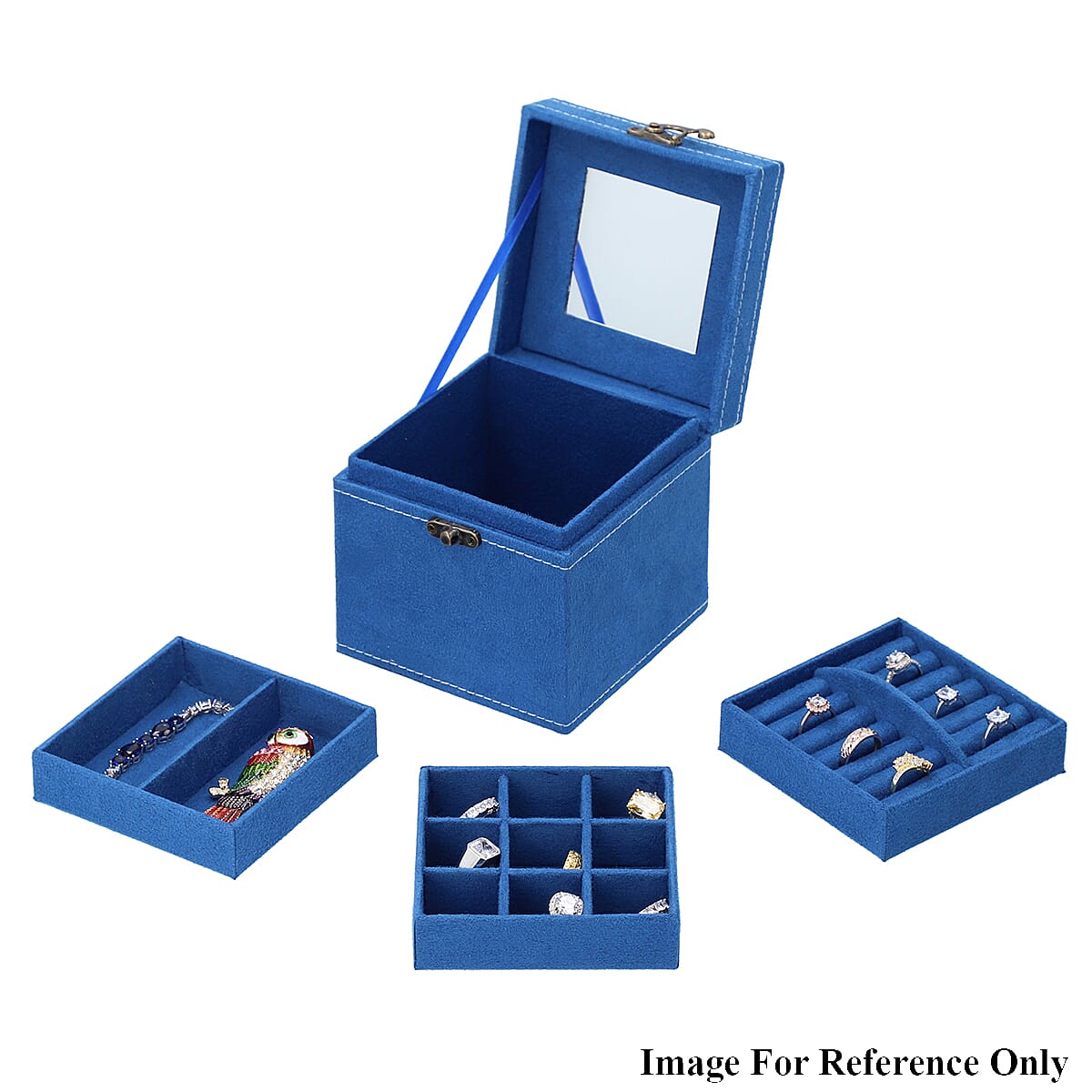 3 Layer Velvet Jewellery Box with Mirror Inside and Lock (Size 12 Cm) - Blue