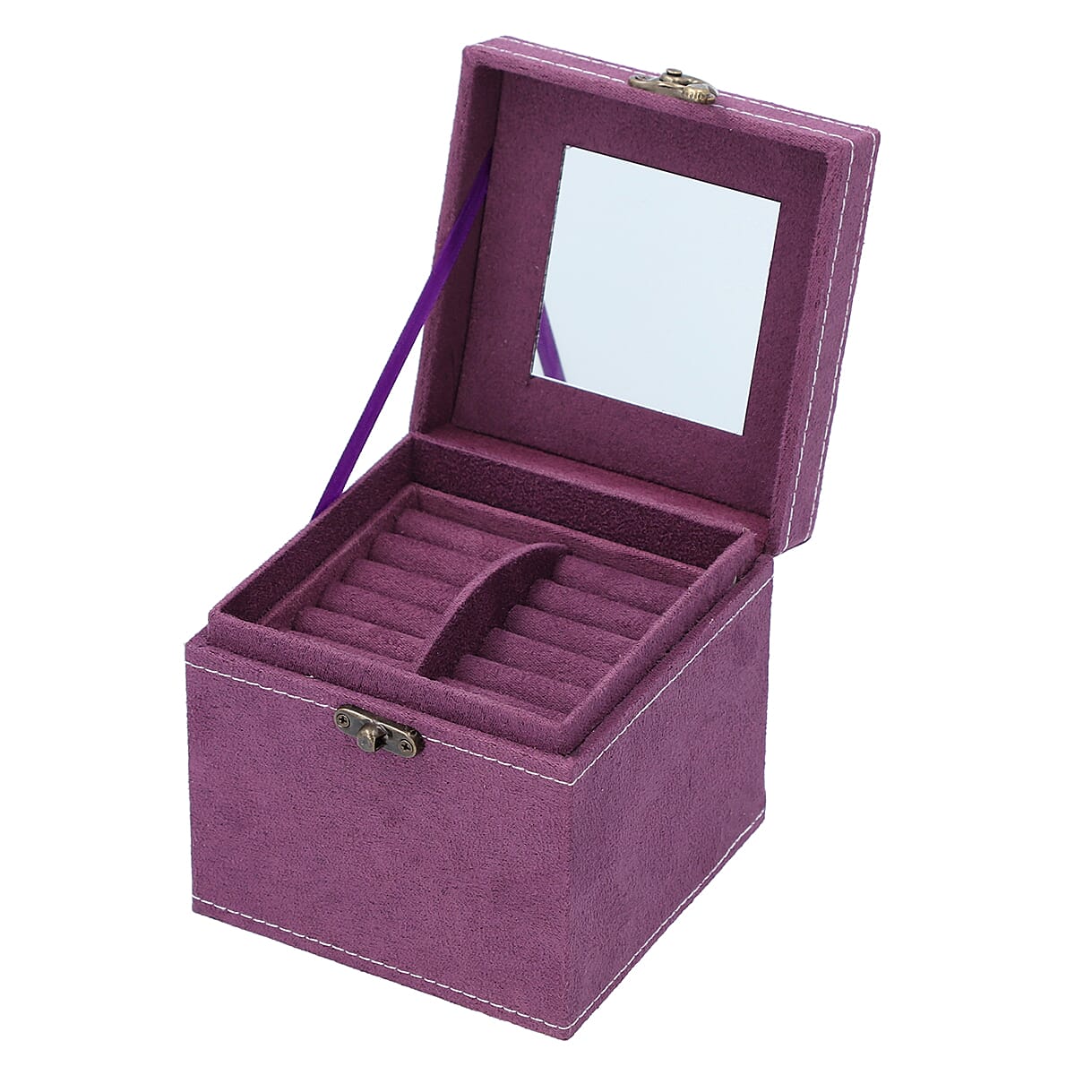 3 Layer Velvet Jewellery Box with Mirror Inside and Lock (Size 12 Cm) - Purple