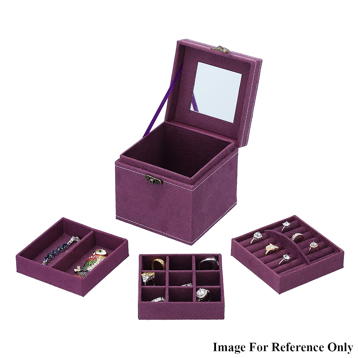 3 Layer Velvet Jewellery Box with Mirror Inside and Lock (Size 12 Cm) - Purple