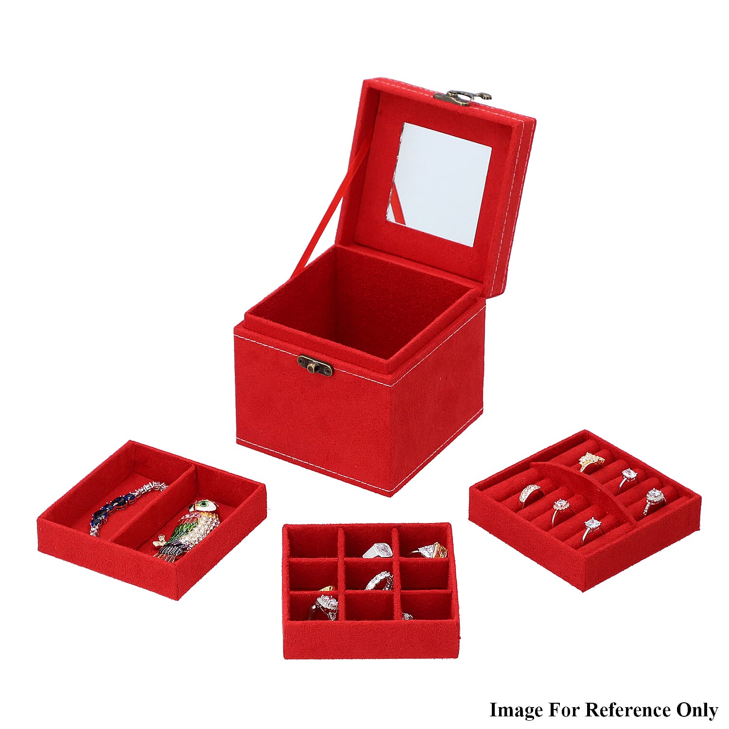 3 Layer Velvet Jewellery Box with Mirror Inside and Lock (Size 12 Cm) - Burgundy