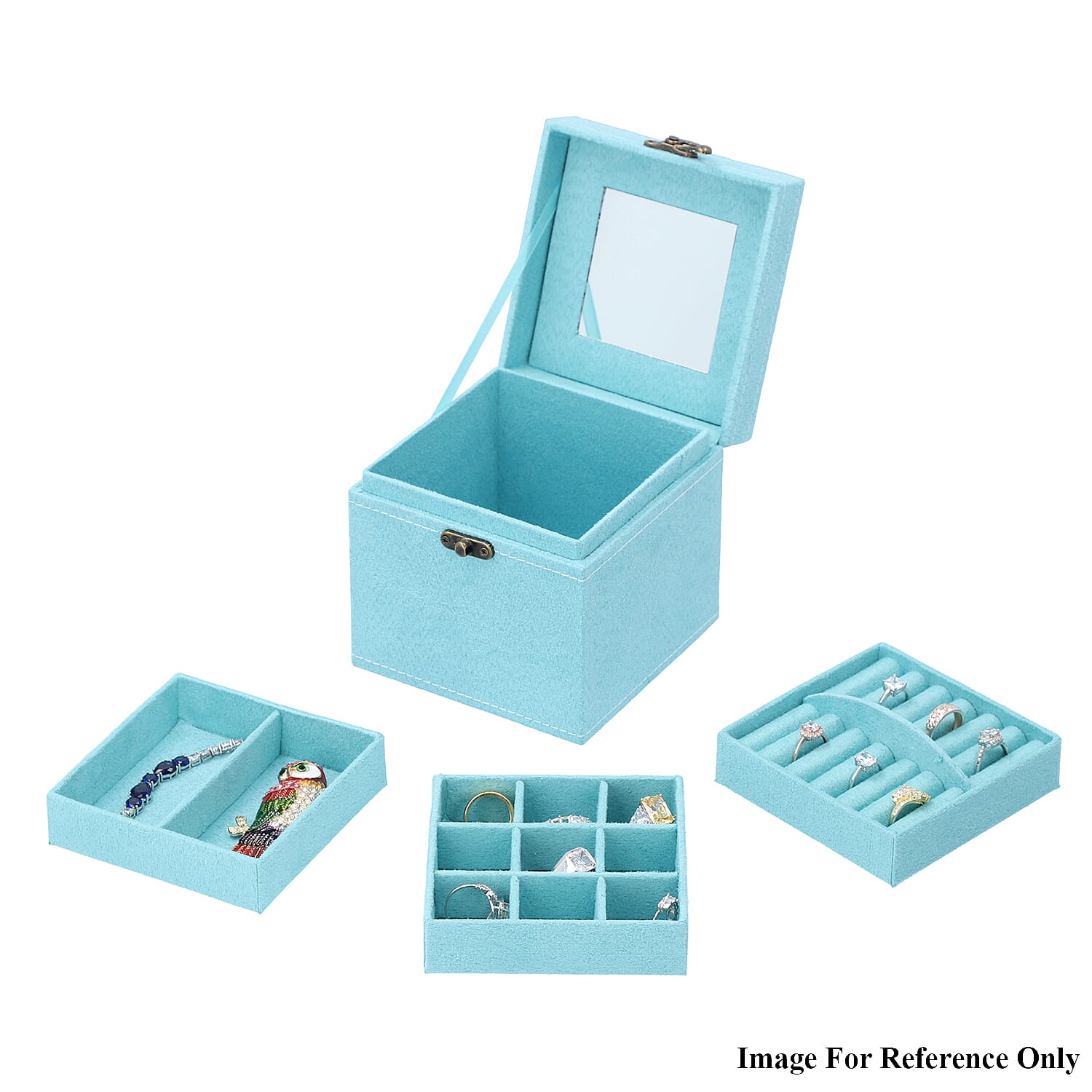 3 Layer Velvet Jewellery Box with Mirror Inside and Lock (Size 12 Cm) - Celeste