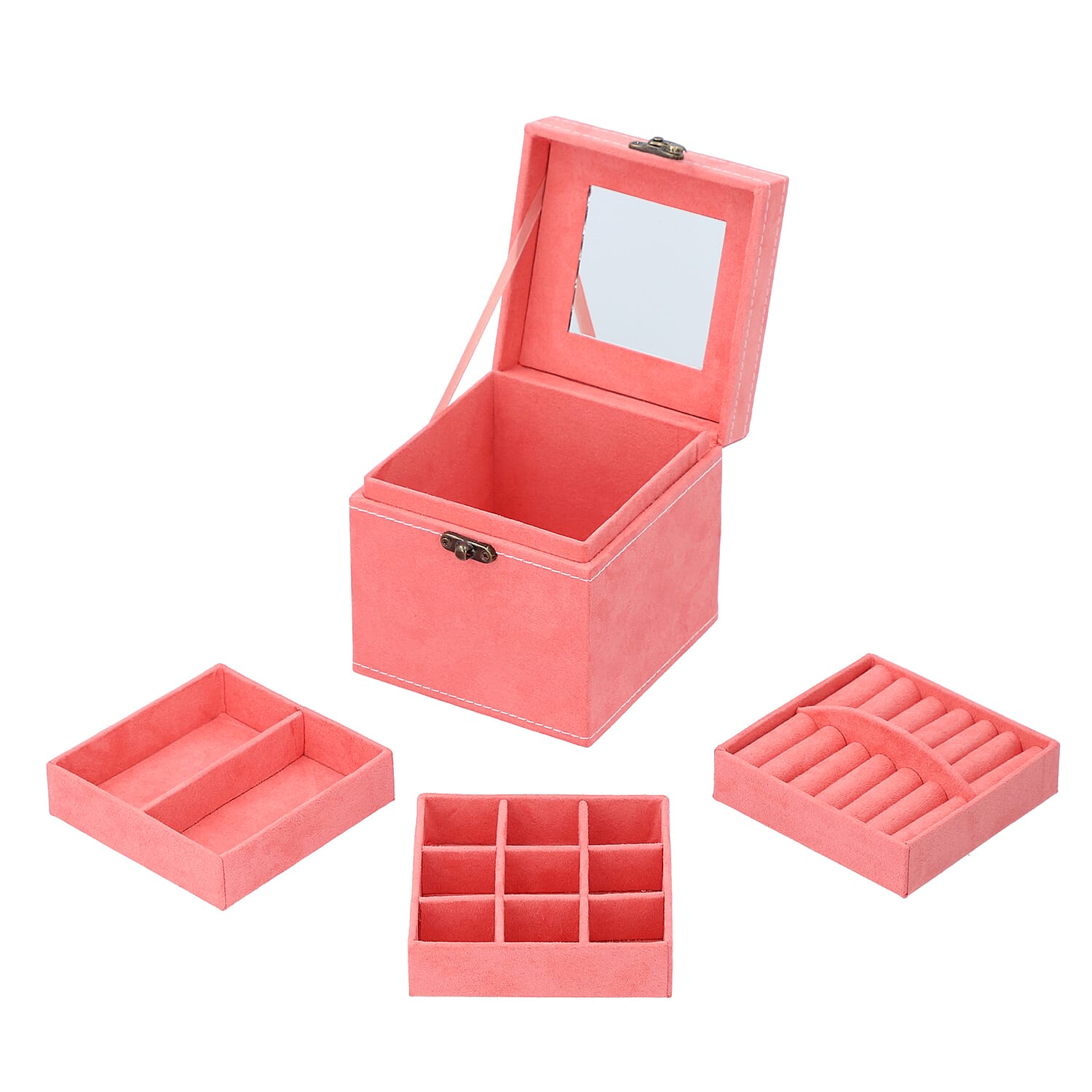 3 Layer Velvet Jewellery Box with Mirror Inside and Lock (Size 12 Cm) - Peach