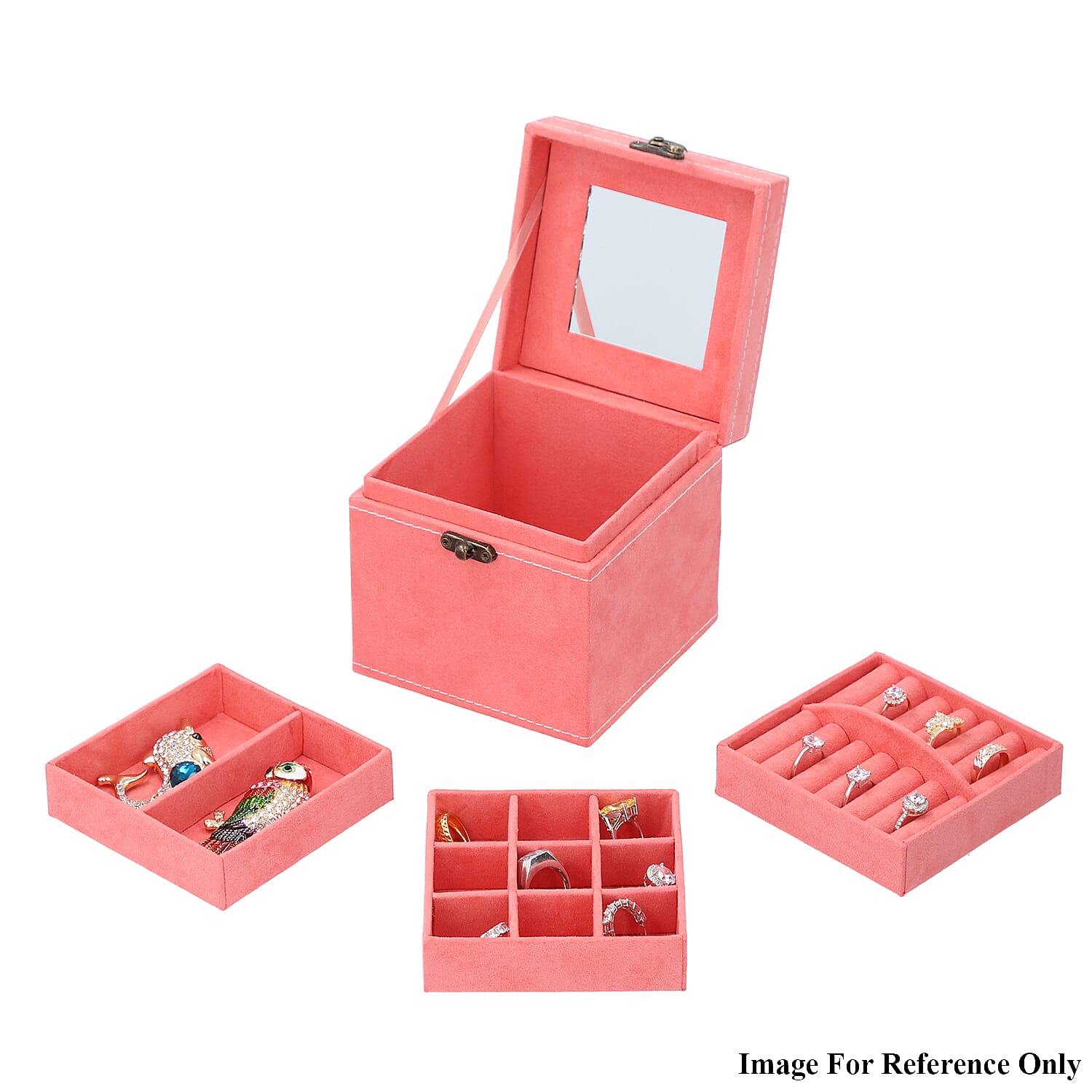 3 Layer Velvet Jewellery Box with Mirror Inside and Lock (Size 12 Cm) - Peach