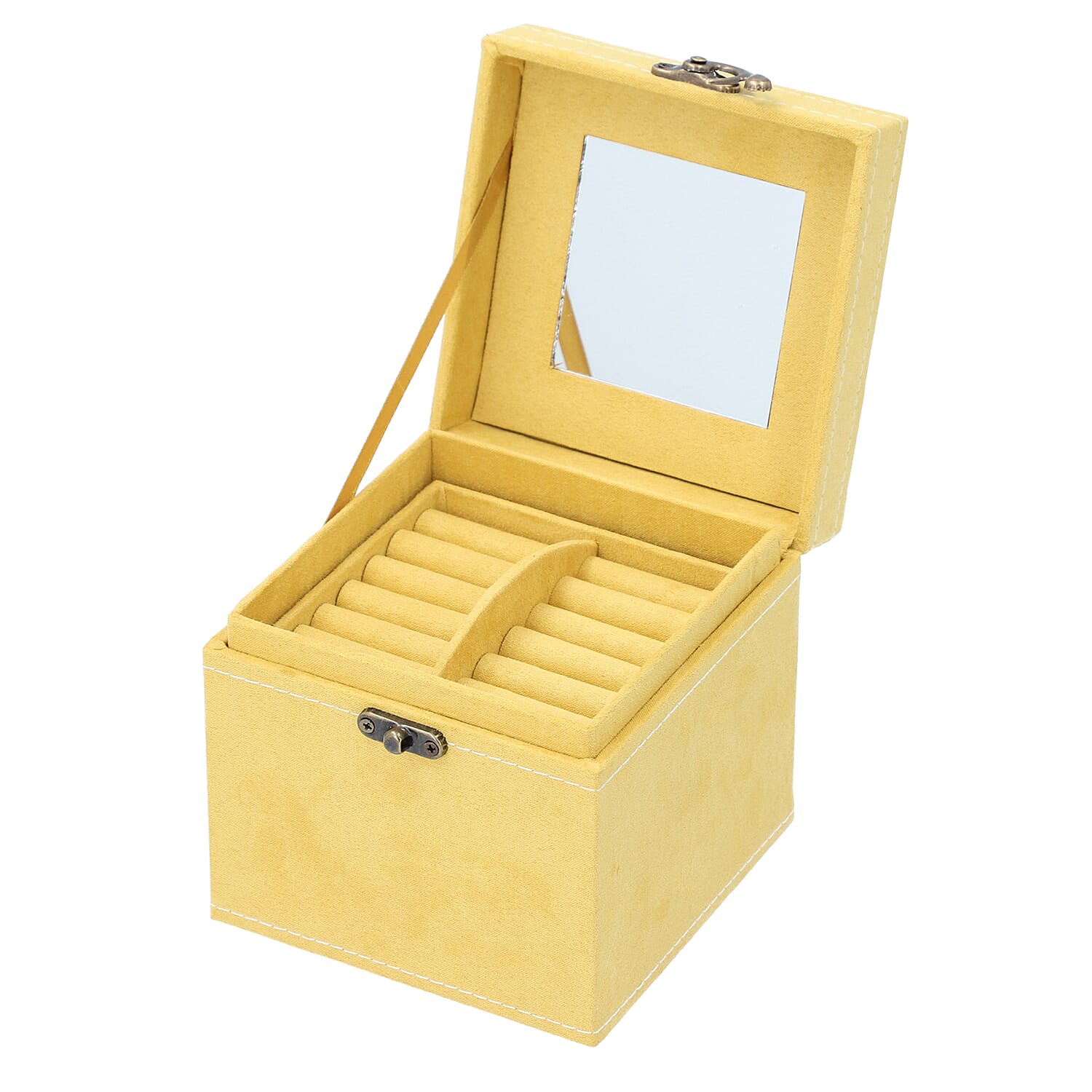 3 Layer Velvet Jewellery Box with Mirror Inside and Lock (Size 12 Cm) - Mustard