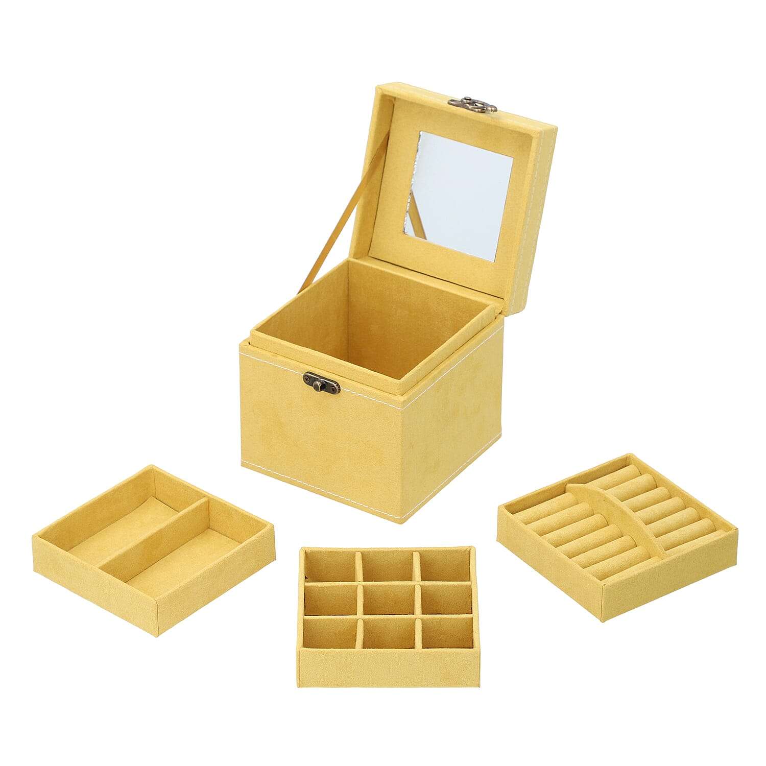 3 Layer Velvet Jewellery Box with Mirror Inside and Lock (Size 12 Cm) - Mustard