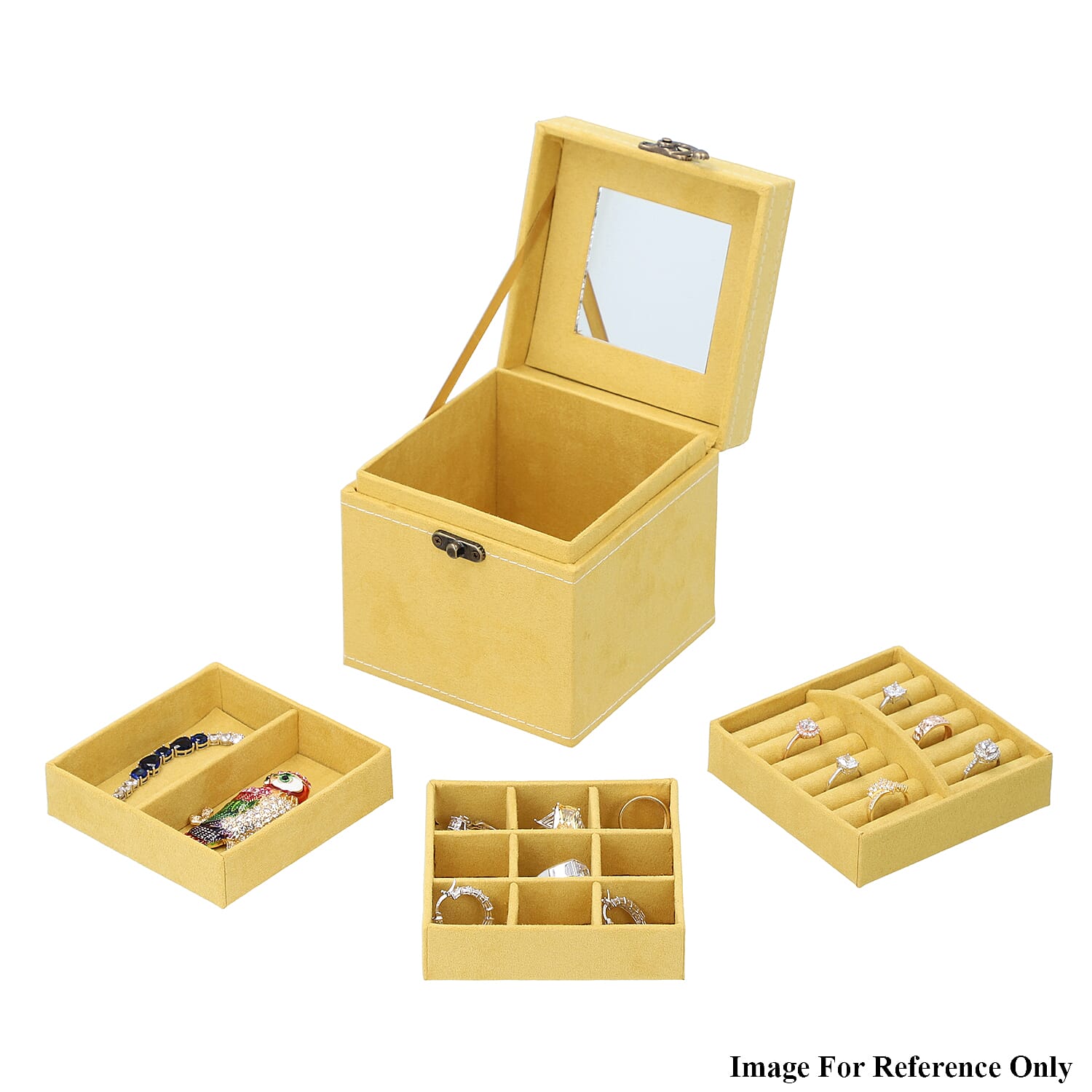 3 Layer Velvet Jewellery Box with Mirror Inside and Lock (Size 12 Cm) - Mustard
