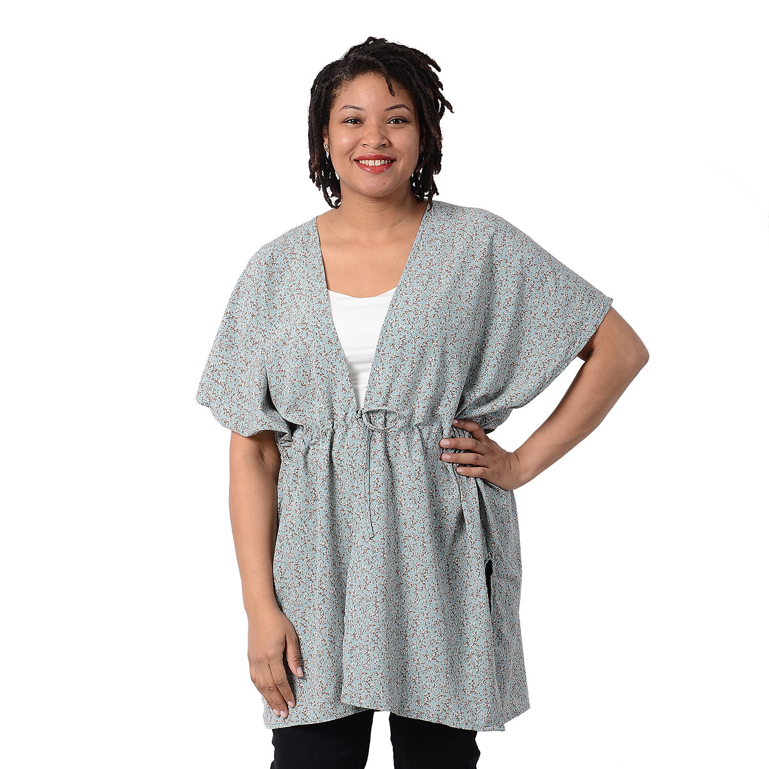 Floral Pattern Kaftan with Waist Belt in Green (Size 90 cm) CB 35in